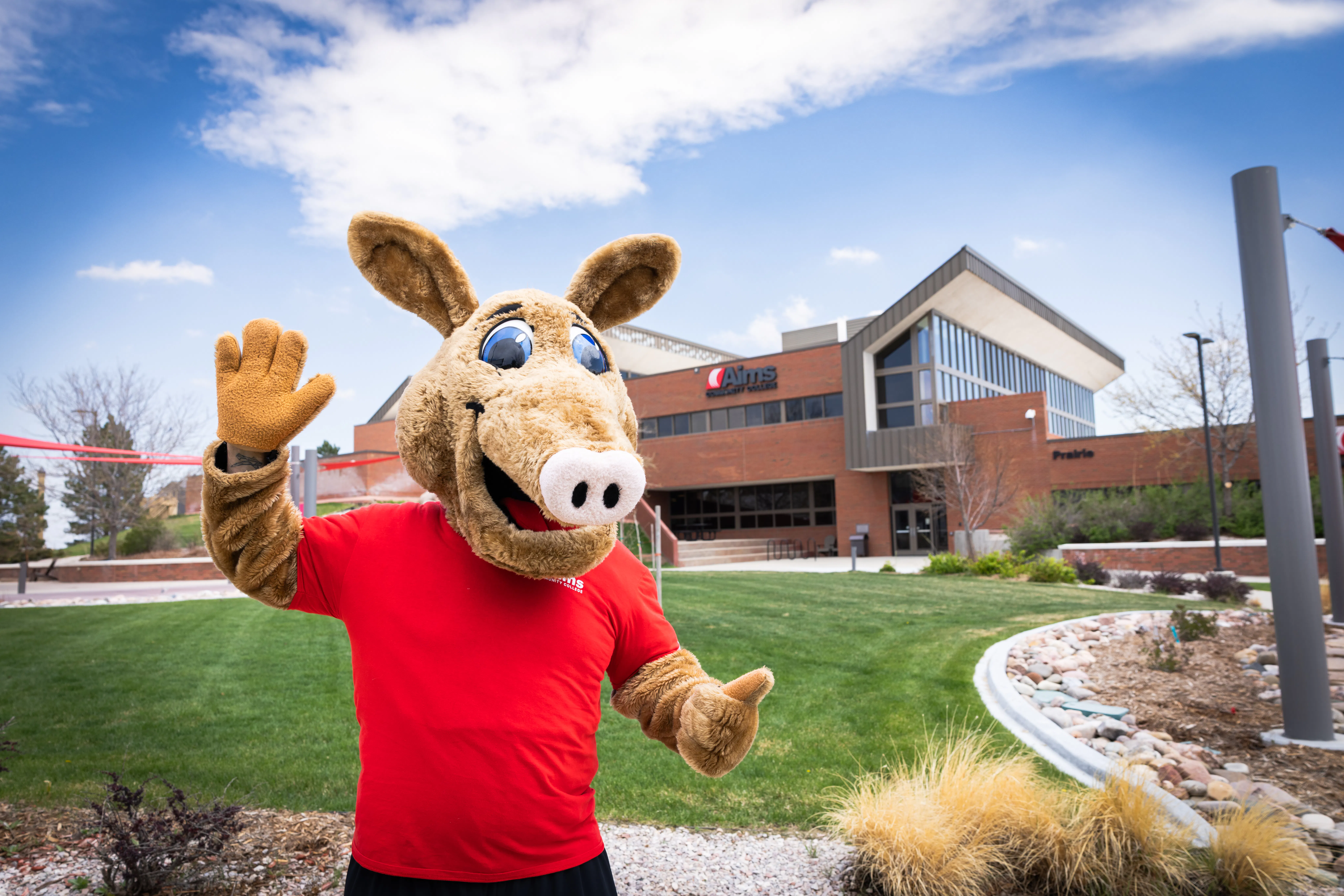 Arty the Aardvark stands outside, in front of a building at Aims Community College. He is smiling and waving