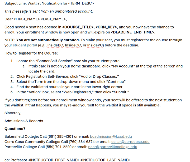 Sample email for a student being added to a course from a waitlist. The email displays steps to follow to add the course to the student schedule.