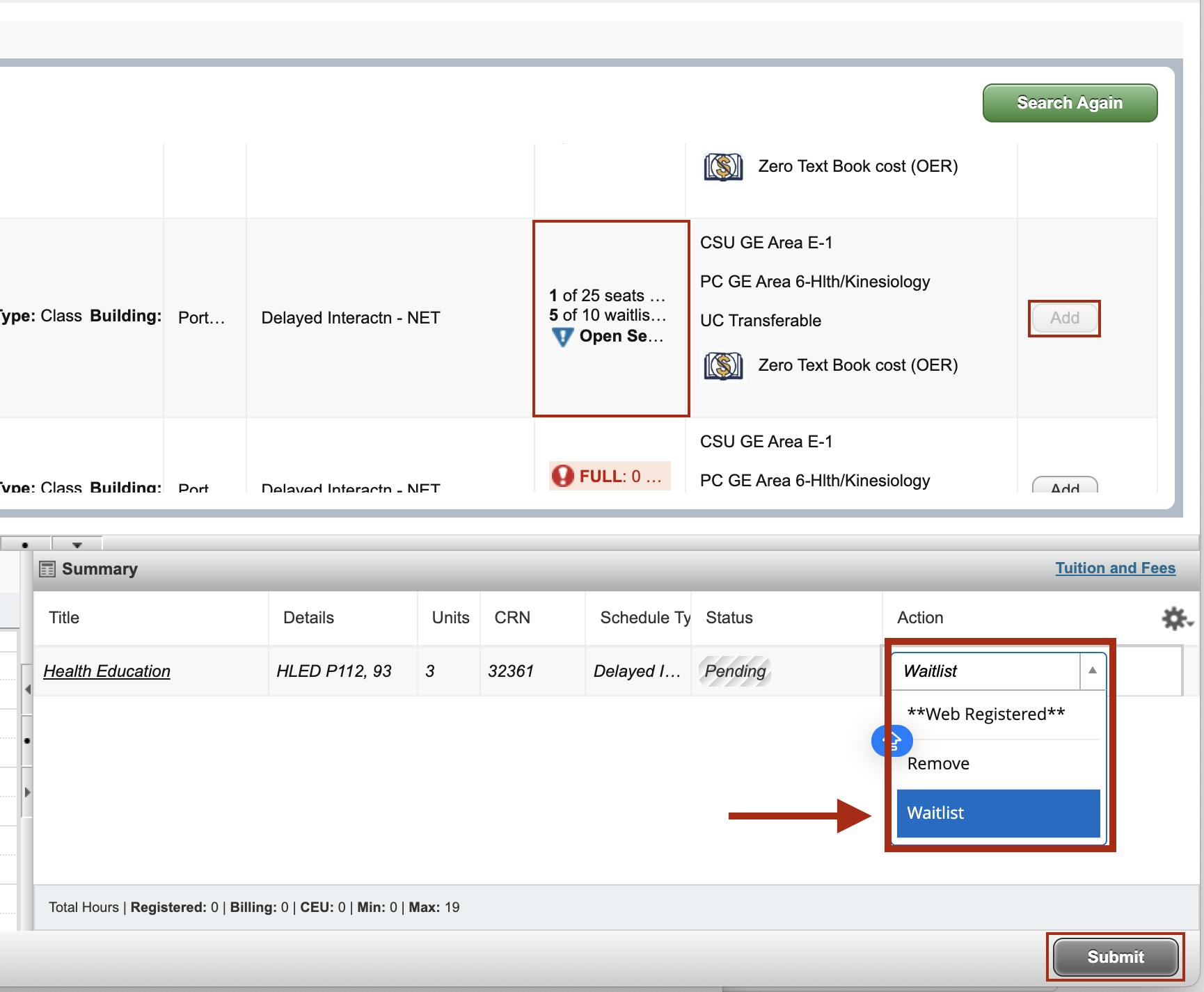 Add Course Screen displaying a full course and the option to waitlist the course to a schedule