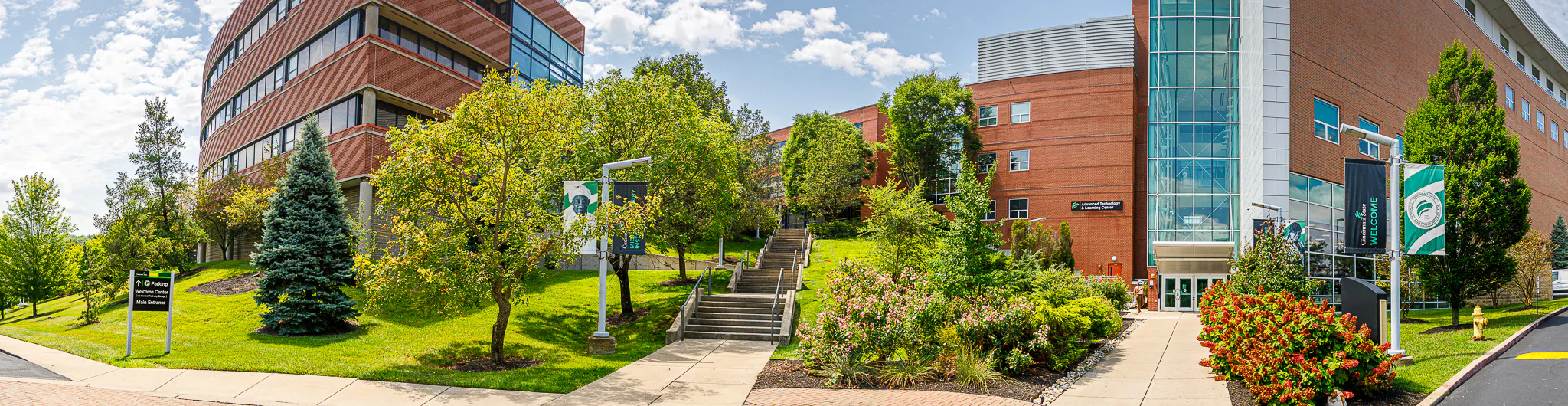 wide shot of Cincinnati State's Clifton campus entrance