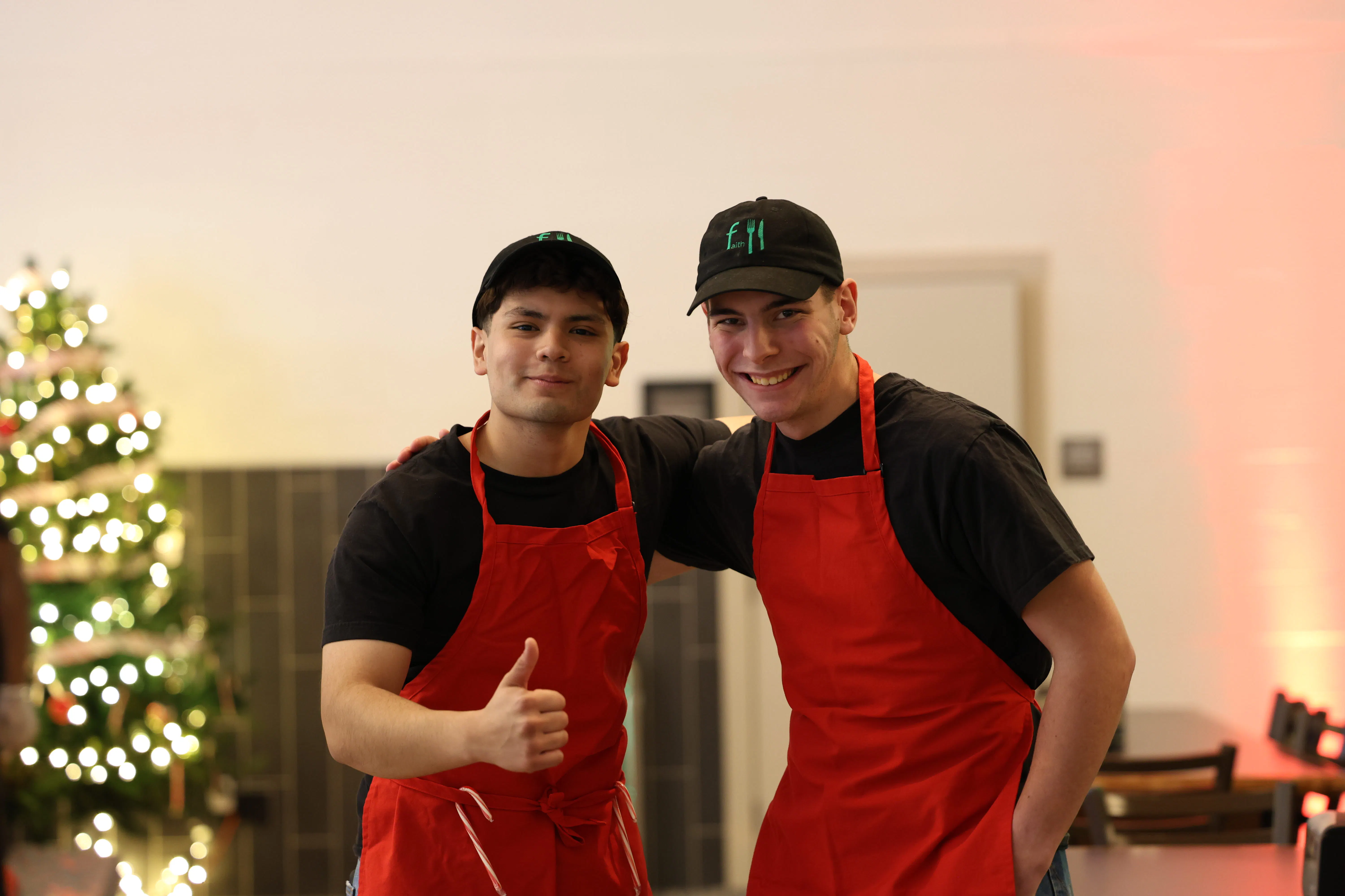 Smiling dining service workers