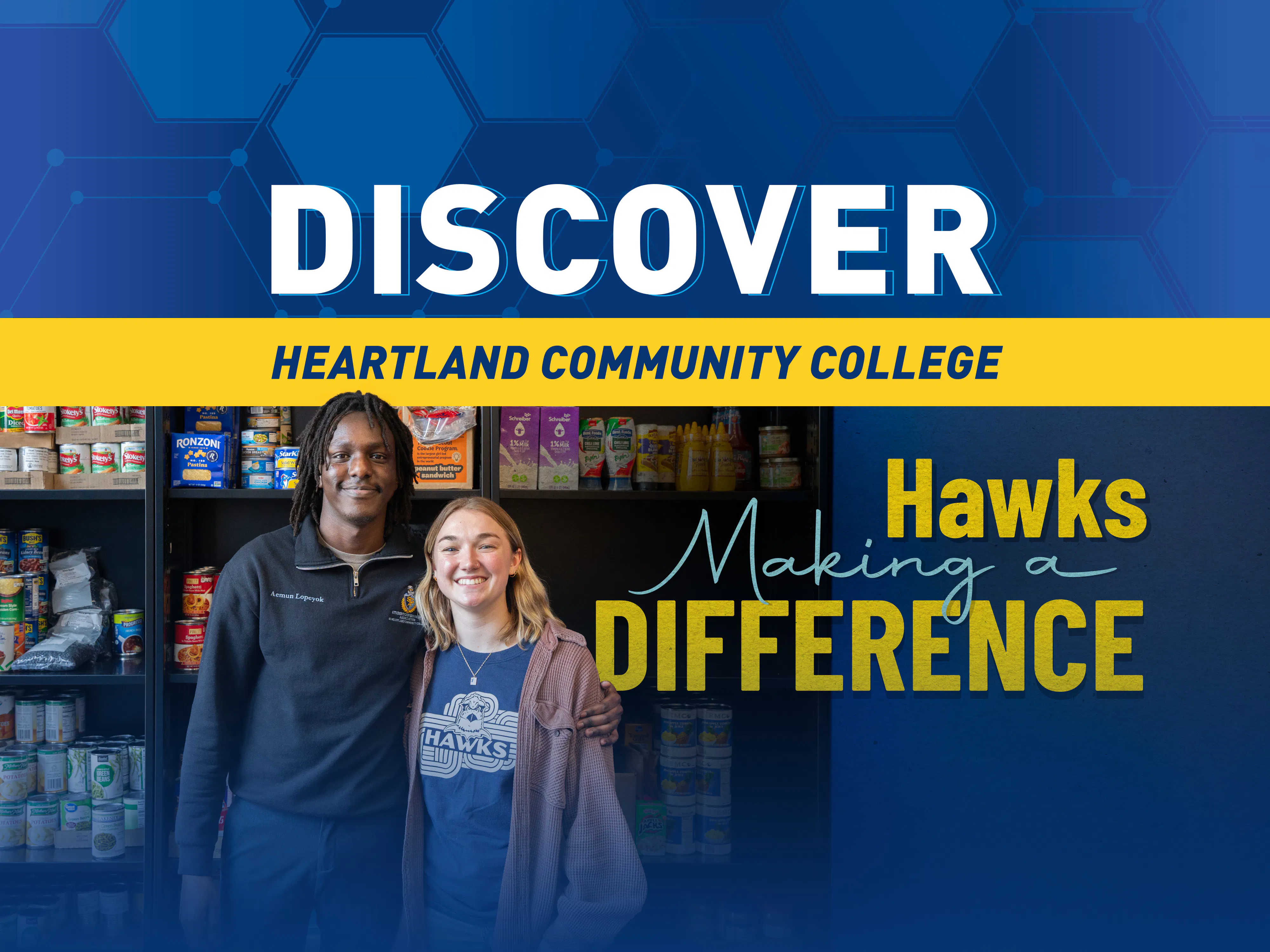 Aemun Lopeyok, Student Trustee and Ella Brownlee standing in front of the Hawks food bank