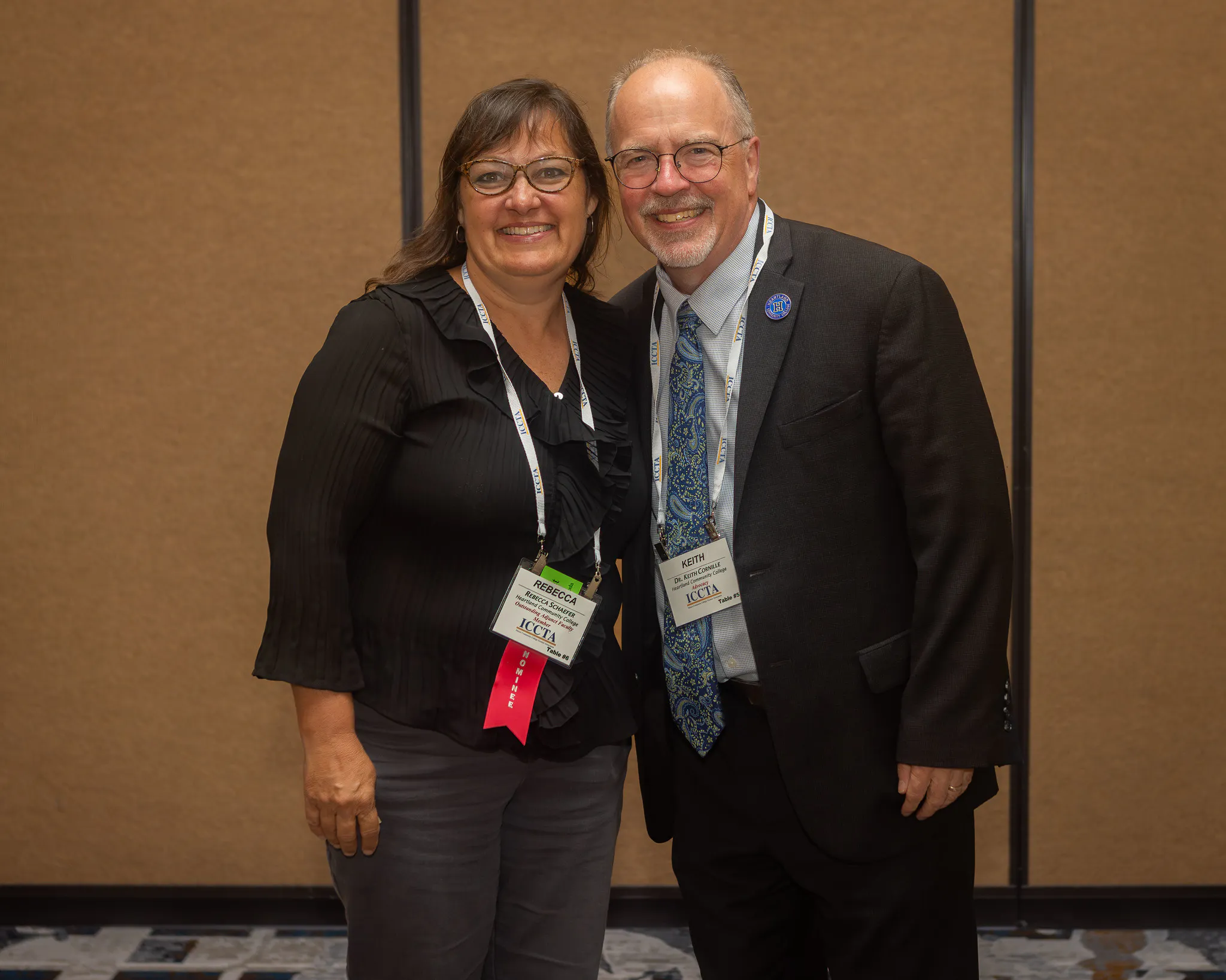 Image of Heartland Community College president, Keith Cornille and Rebecca Schaefer. The recipient of the 2025 Outstanding Part-Time Faculty Award. 