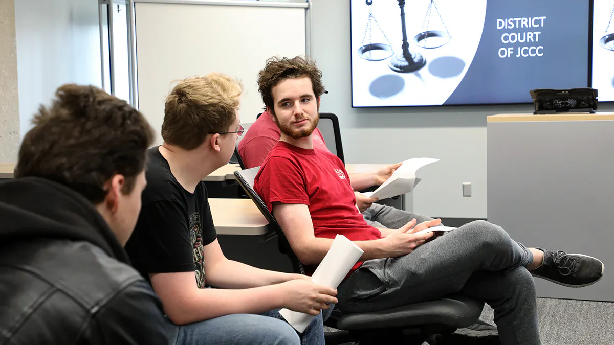 Paralegal students participate in a mock trial in class.
