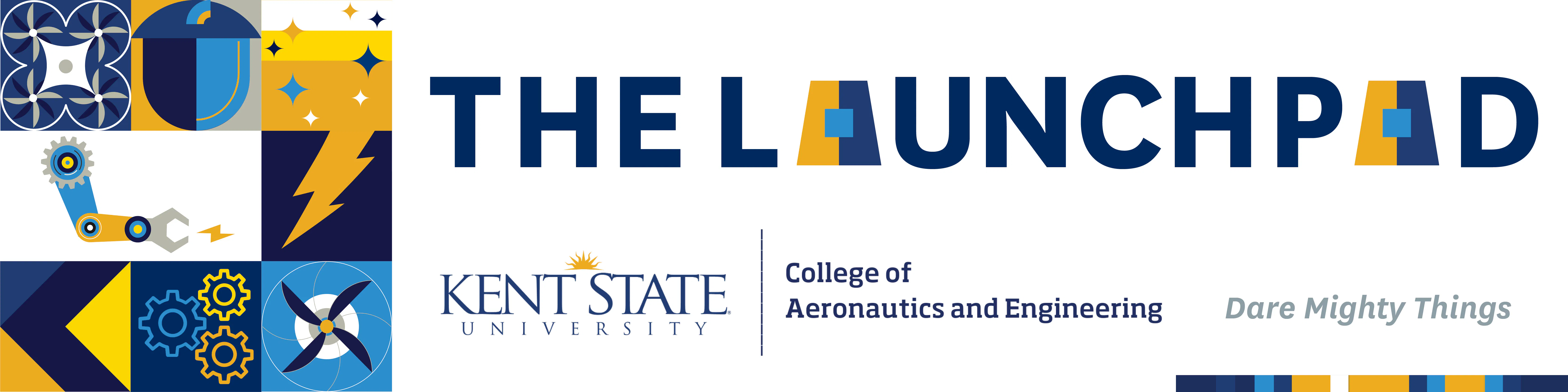 Header image for The Launchpad, the monthly enewsletter from Kent State's College of Aeronautics and Engineering. Includes a collage of college-specific mosaics in Kent State colors: drone, acorn, stars, robot arm, lightning bolt, K, gears, and plane propeller.  