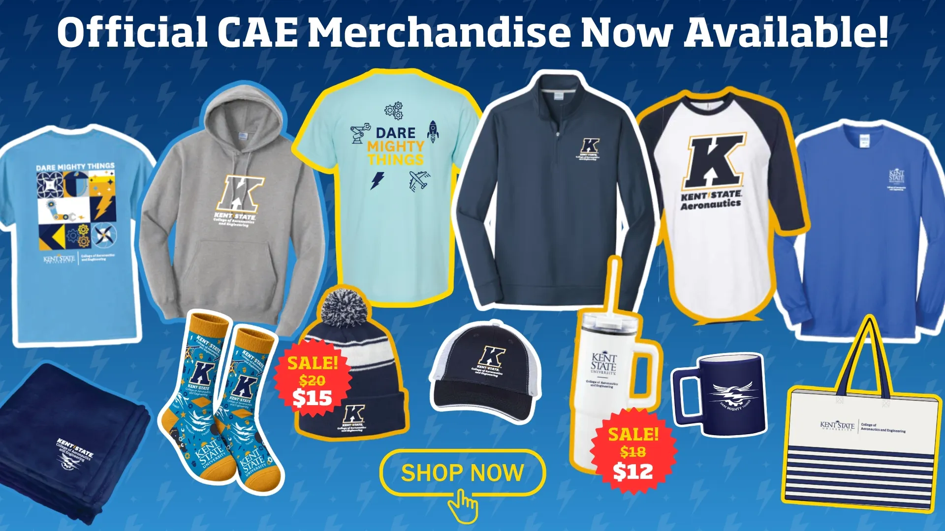 light blue short sleeve tshirt, gray hoodie, short sleeve turquoise shirt, navy blue quarter zip shirt, navy blue and white baseball shirt, long sleeve medium blue shirt, dark blue blanket, socks, blue and white winter hat with pompom, navy and white baseball hat, white travel mug with straw, blue coffee mug, and blue and white striped tote bag, all with CAE branding. CAE Merchandise Now Available. Two items on sale--beanie for $15 and  whiute 30 oz. tumbler for $12. Click to place an order.