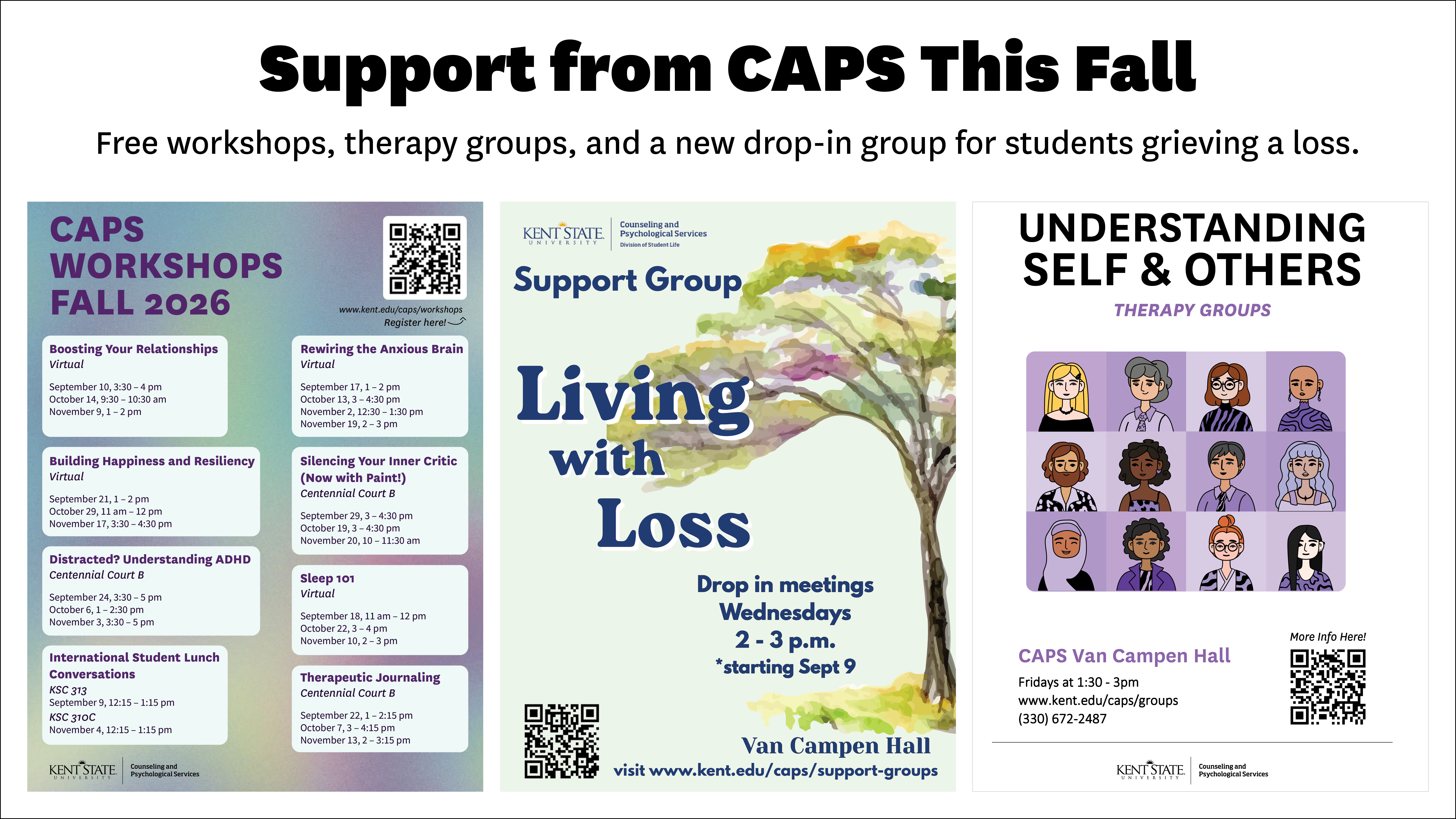 Support from Caps this Fall: Free workshops, therapy groups and a new drop in group for students grieving a loss.