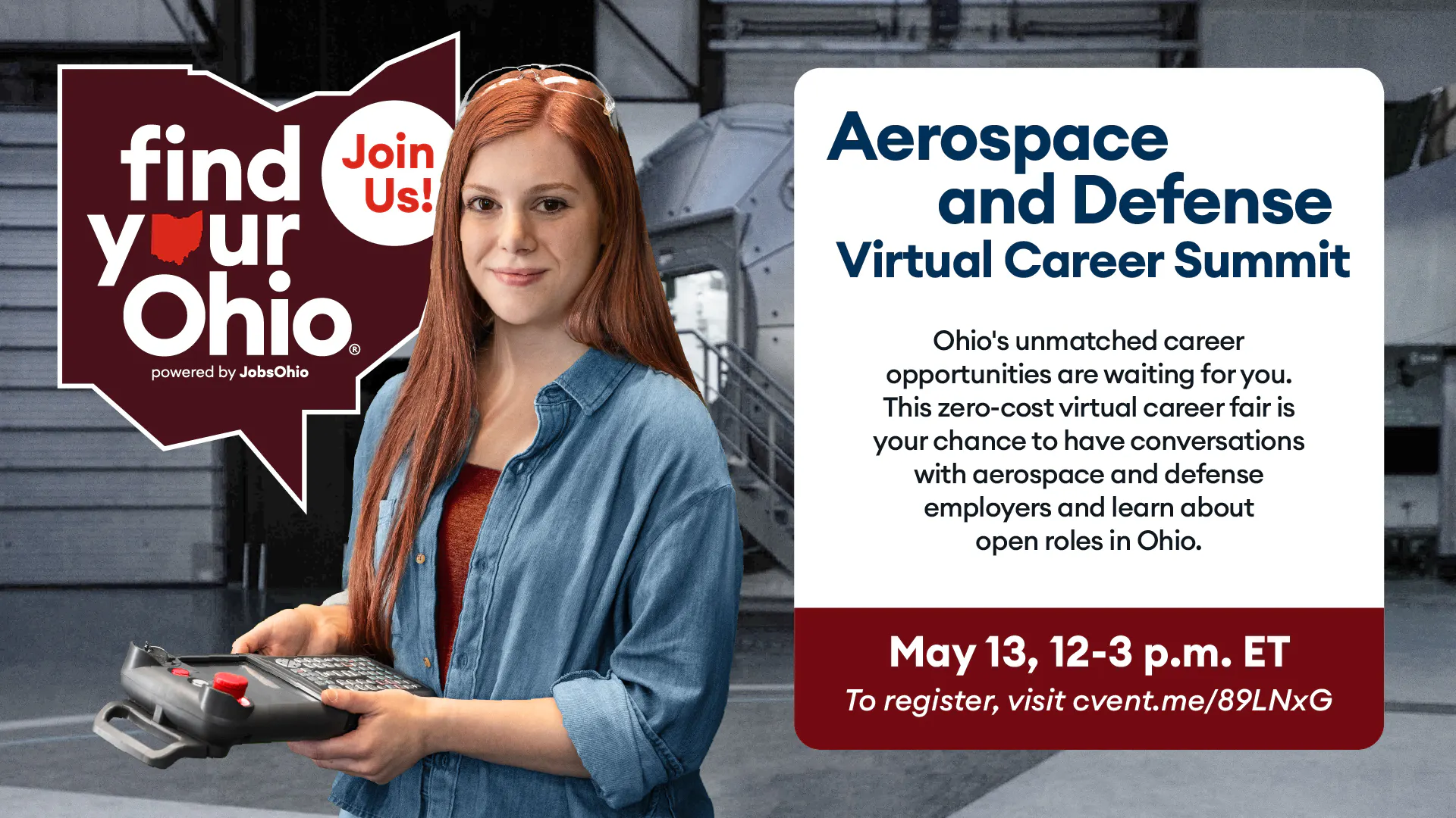Aerospace and Defense Virtual Career Summit with young woman with red hair and a blue button up shirt holding a controller and a logo for JobsOhio next to her head.