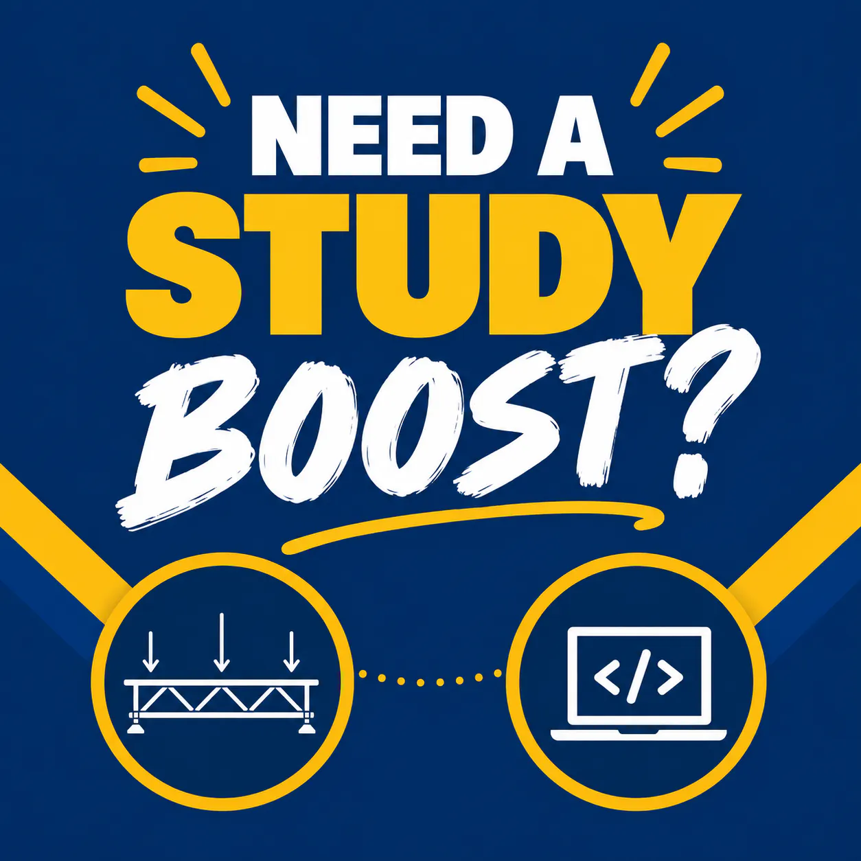 Need a study boost in dark blue and gold colors with icons for statics and computer engineering in white. 