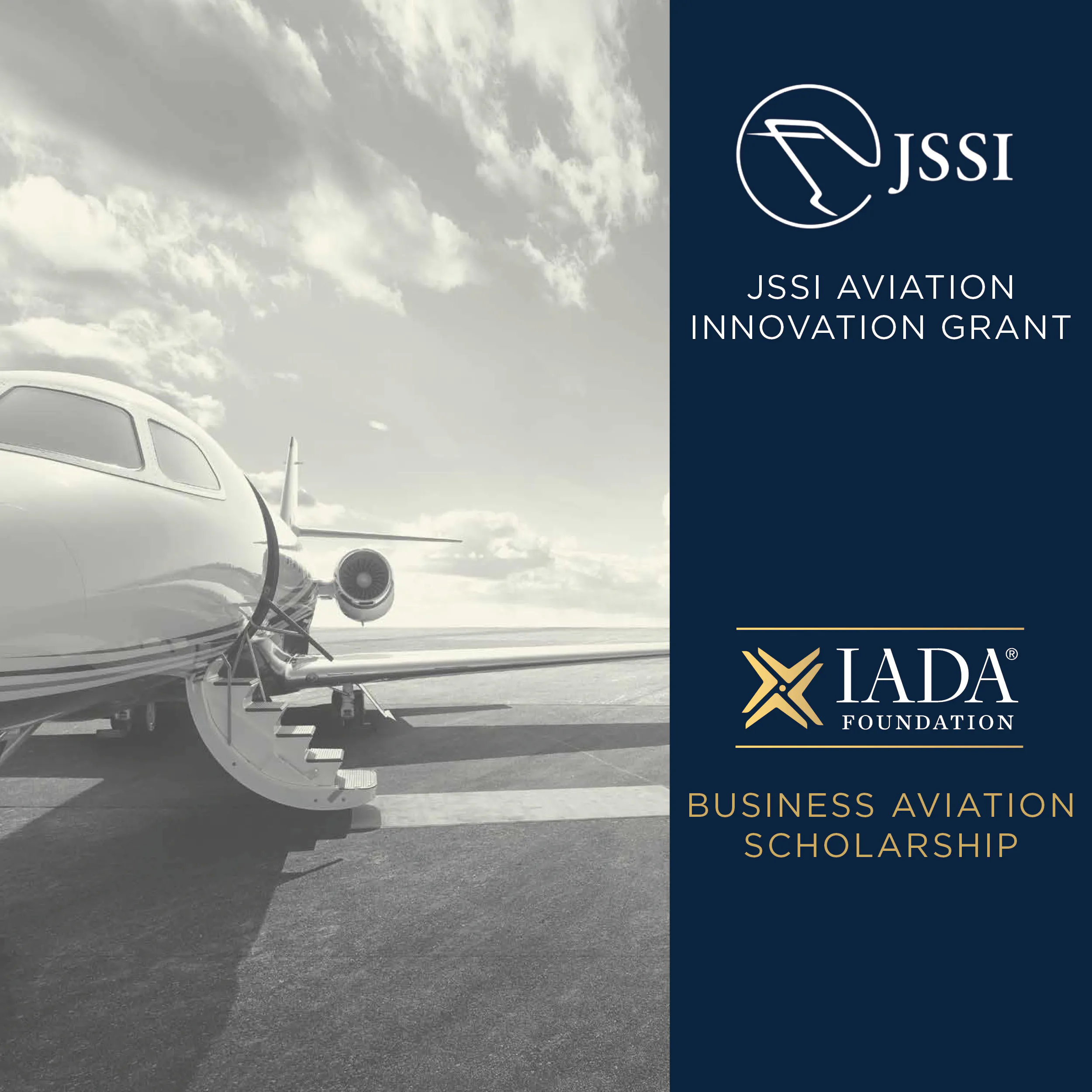 Small plane with door open in black and white. Logos for JSSI Aviation Innovation Grant and IADA Foundation Buiness Avaiation Scholarship