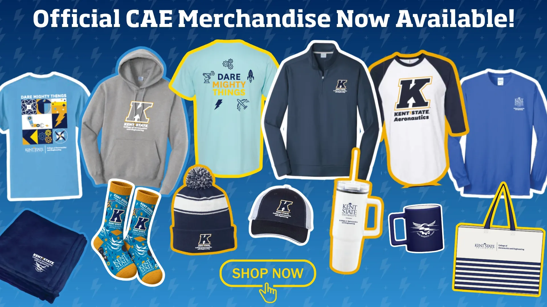 light blue short sleeve tshirt, gray hoodie, short sleeve turquoise shirt, navy blue quarter zip shirt, navy blue and white baseball shirt, long sleeve medium blue shirt, dark blue blanket, socks, blue and white winter hat with pompom, navy and white baseball hat, white travel mug with straw, blue coffee mug, and blue and white striped tote bag, all with CAE branding. CAE Merchandise Now Available.