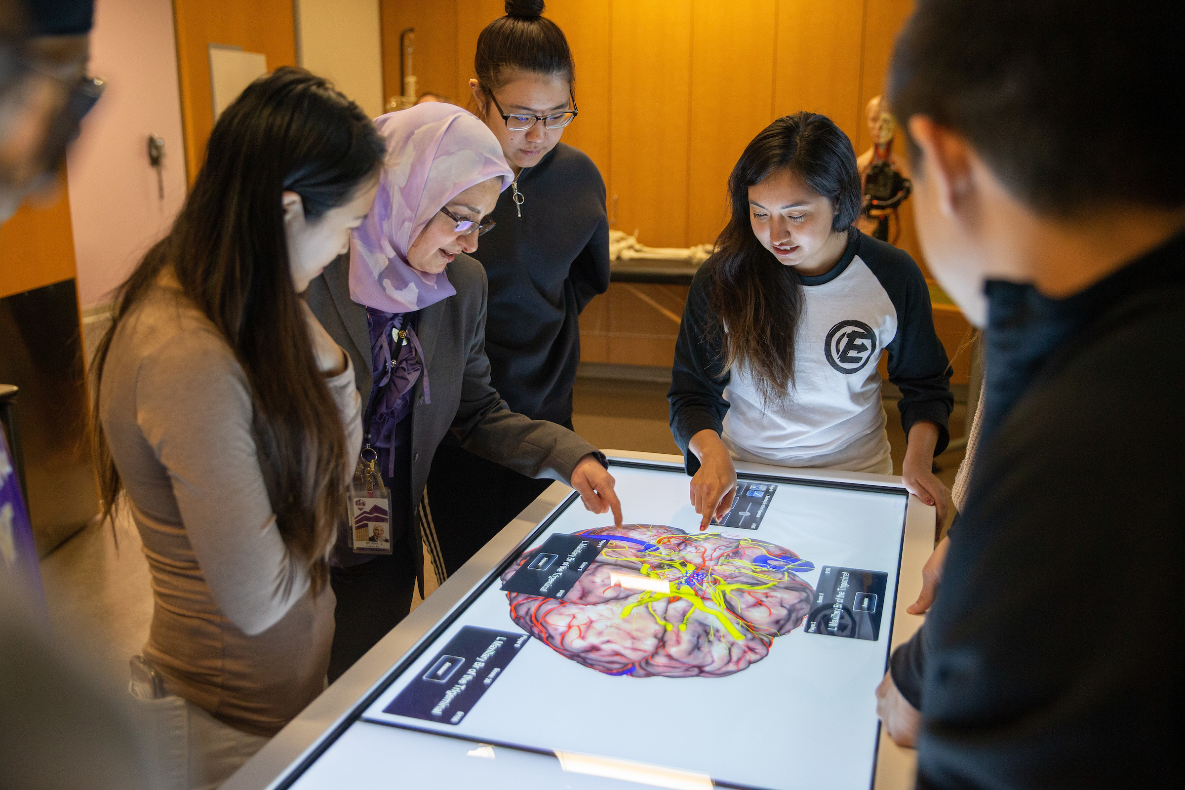 Group of PA students with a faculty member looking at an anatomage table