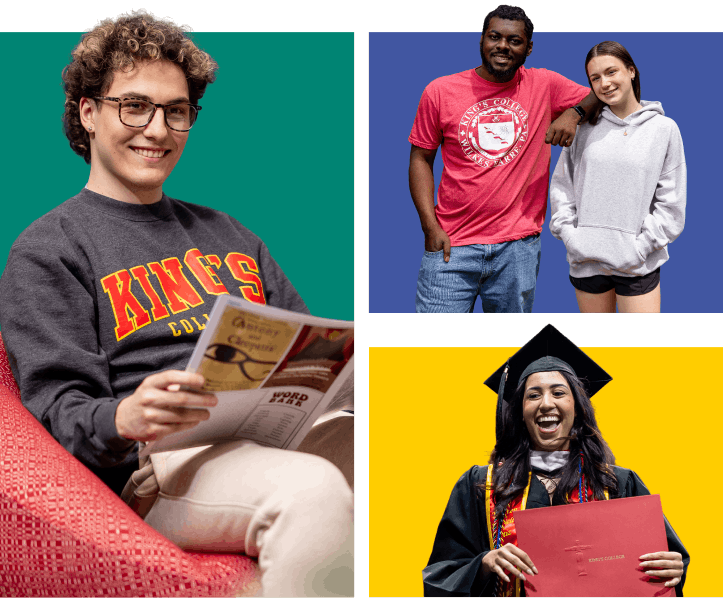  A three-panel collage showing King's College students. The left panel shows a male student reading. The top right shows three students talking on a sidewalk. The bottom right shows a female graduate with a diploma.