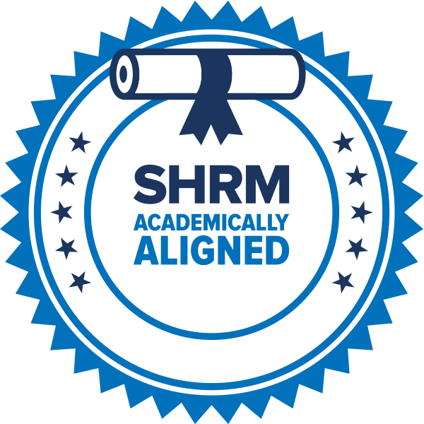SHRM Academically Aligned certification badge in light and dark blue.