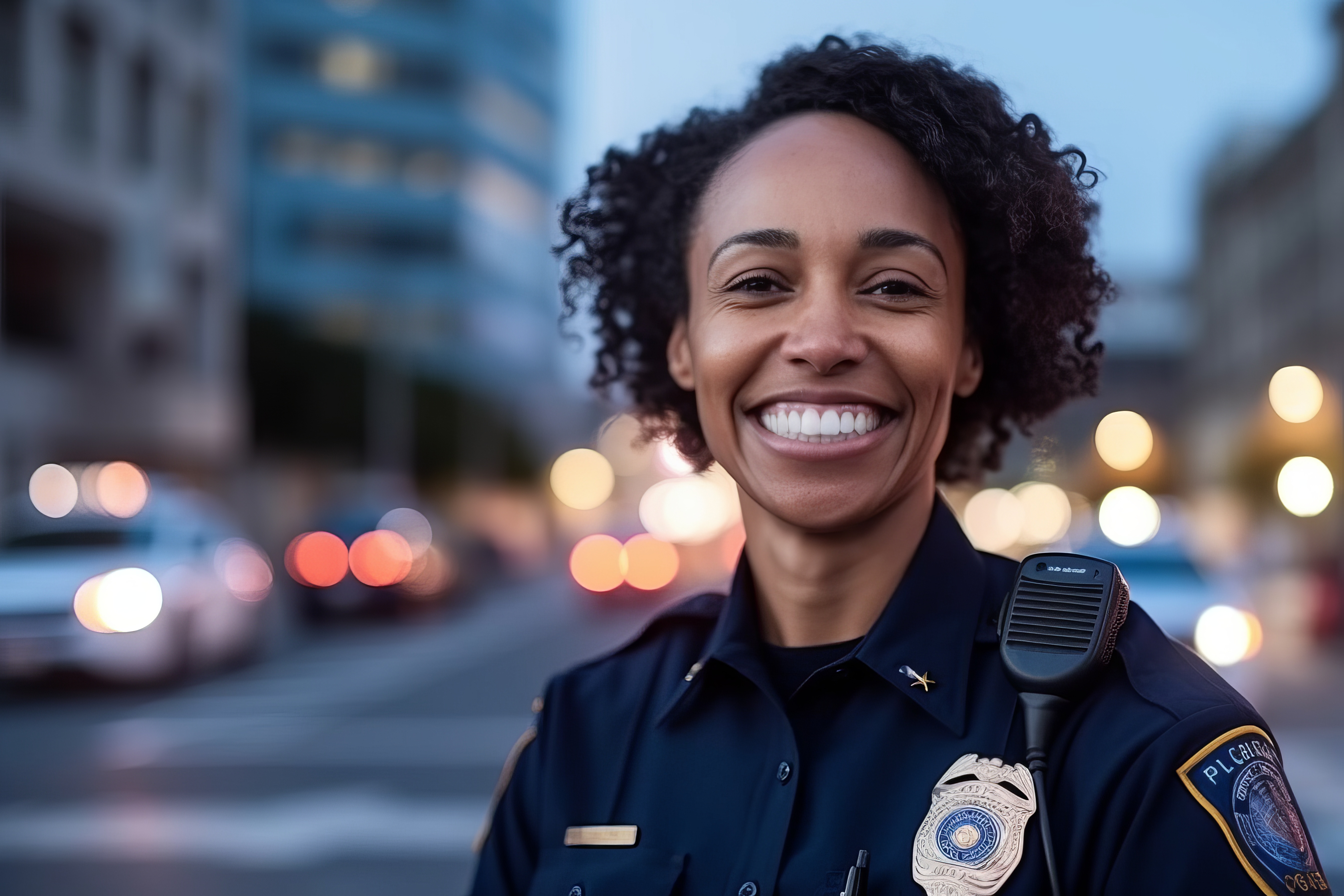 A female uniformed officer smiles with a busy city street in the background.
