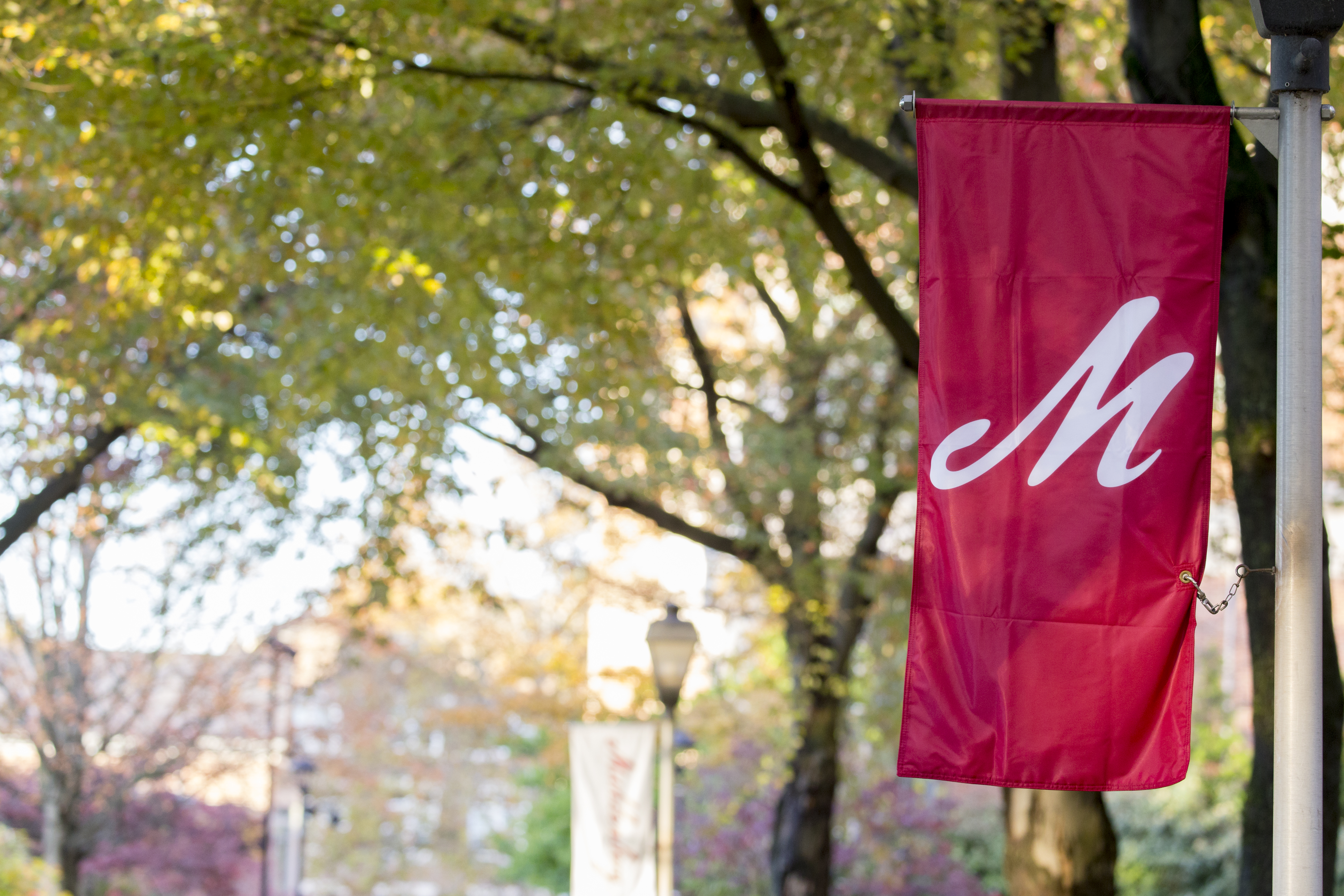 Image of a red flag with white script logo of Muhlenberg M, with trees in the background.