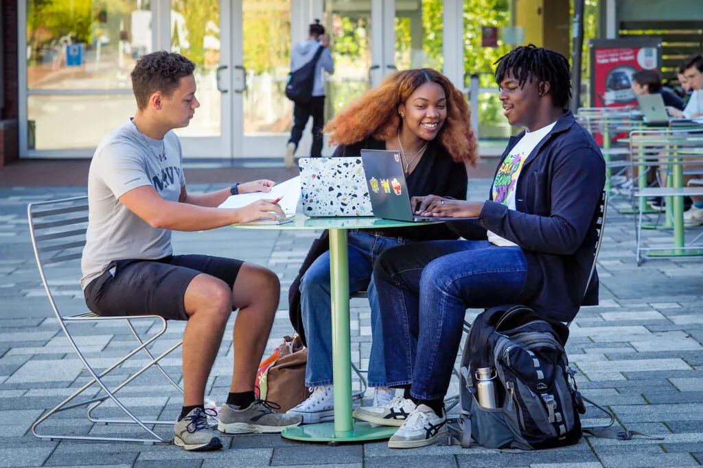 Students studying at a table outside