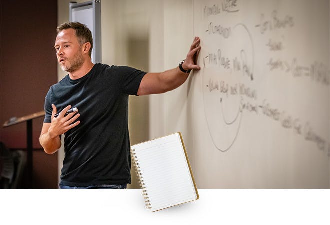 A teacher stands at a whiteboard with an expressive face talking with his hands.