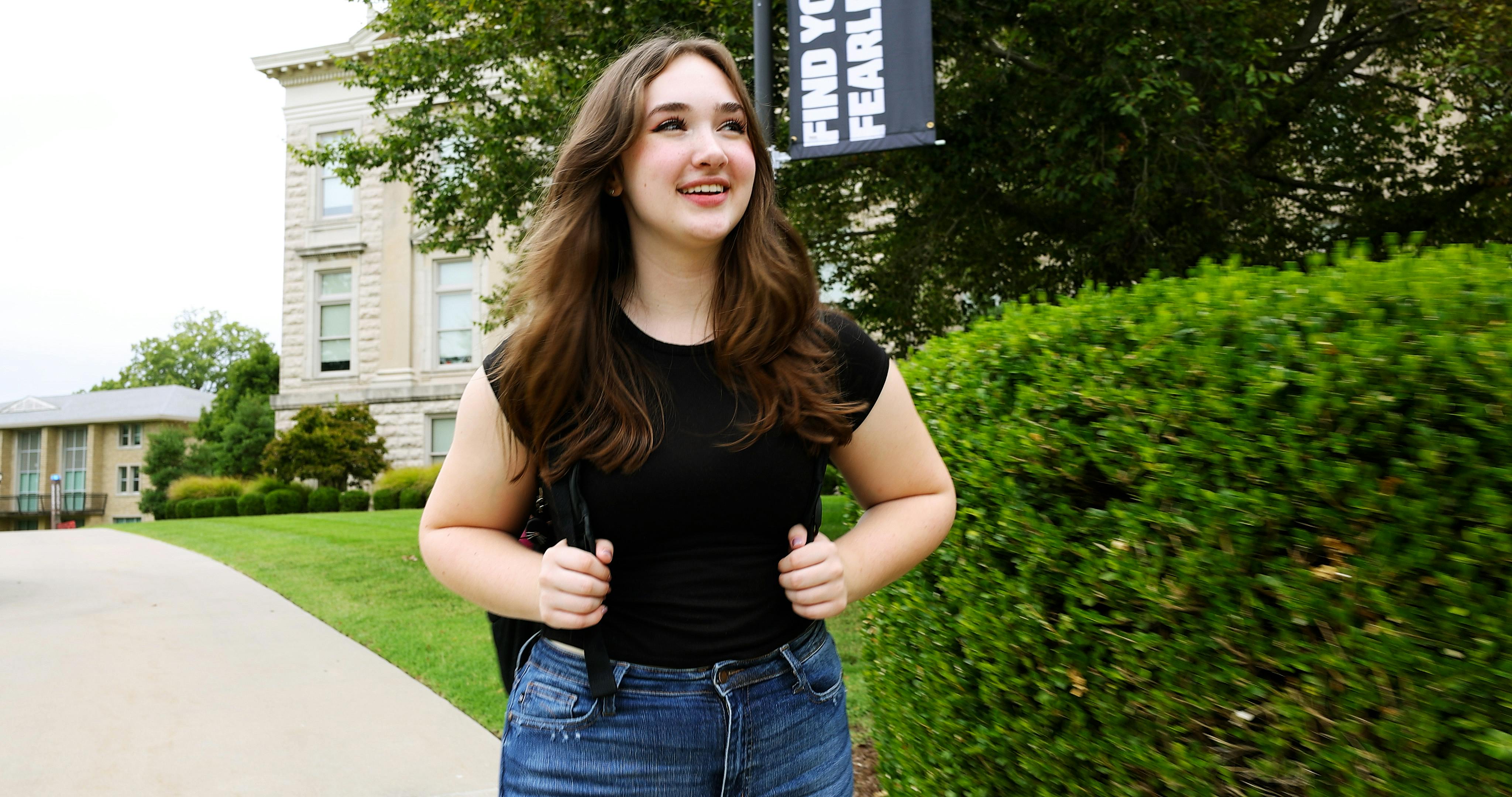 Eleanor H. walking on Southeast Missouri State Campus 