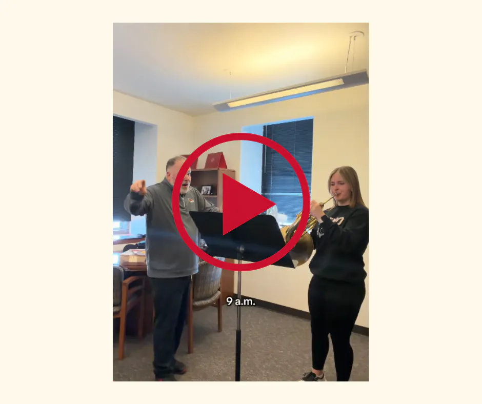 thumbnail of Jordan's TikTok, she practices French Horn in a private practice room with Dr. Kenney