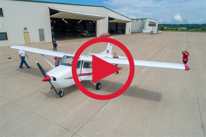 drone image of a Southeast Missouri State University branded airplane parked at the Cape Girardeau Regional Airport