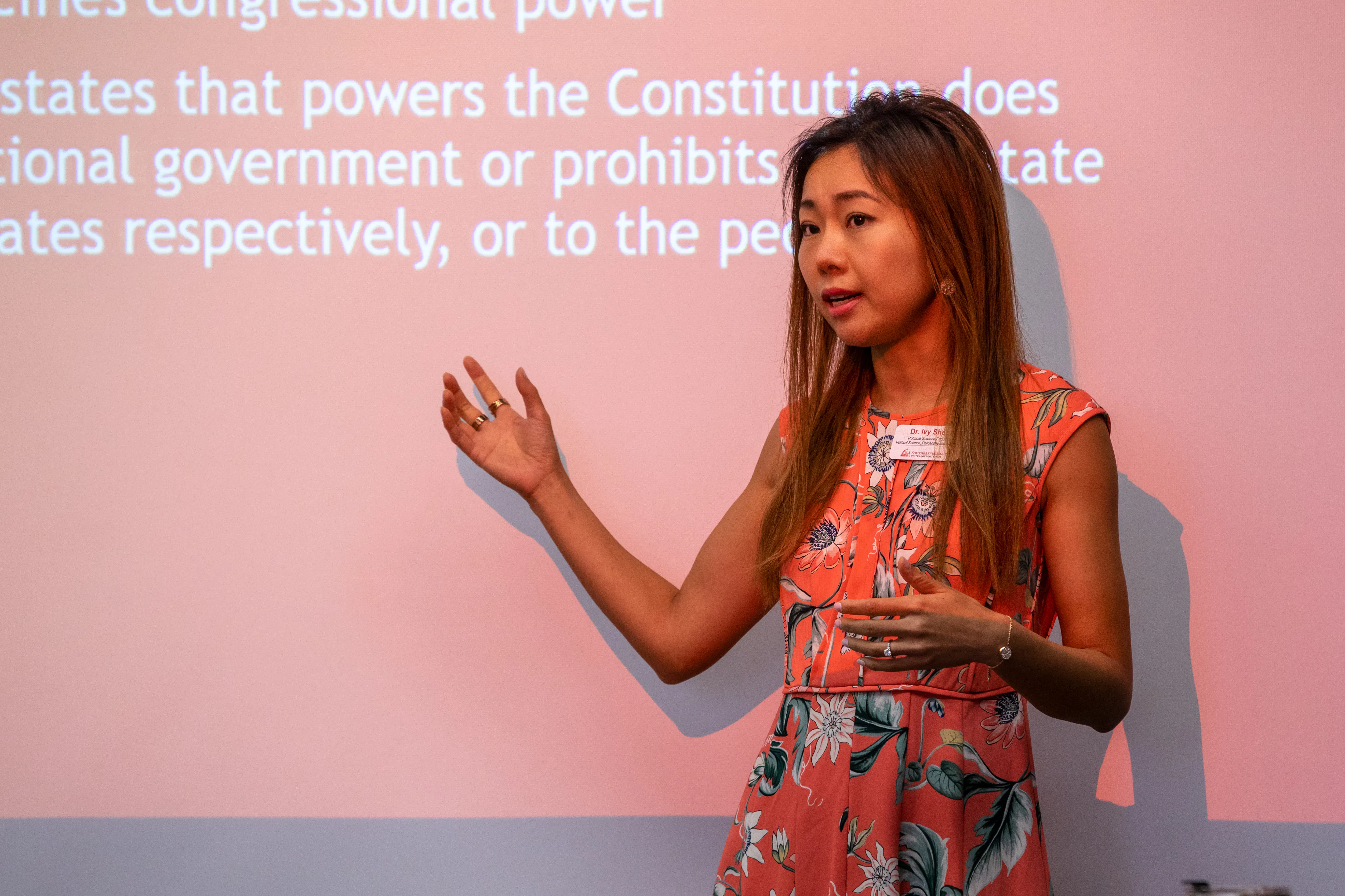 Dr. Ivy Shen gives a lecture about political systems throughout the history of the United States to her students at Southeast Missouri State University.