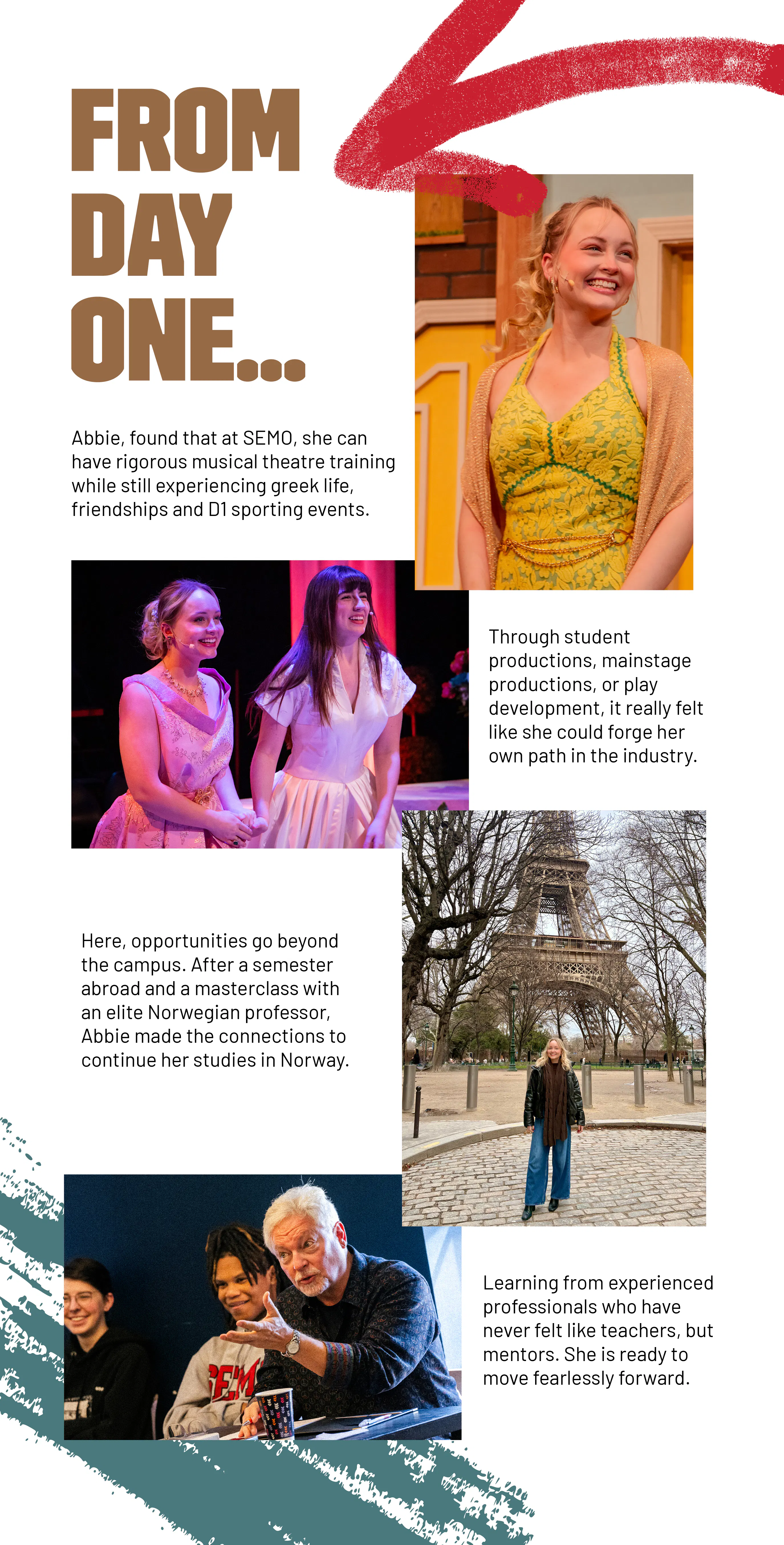 Abbie, a SEMO musical theatre student, performs on stage and works closely with a professor, showcasing hands-on training, vibrant campus life, and the opportunities that led her to continue her studies in Norway.