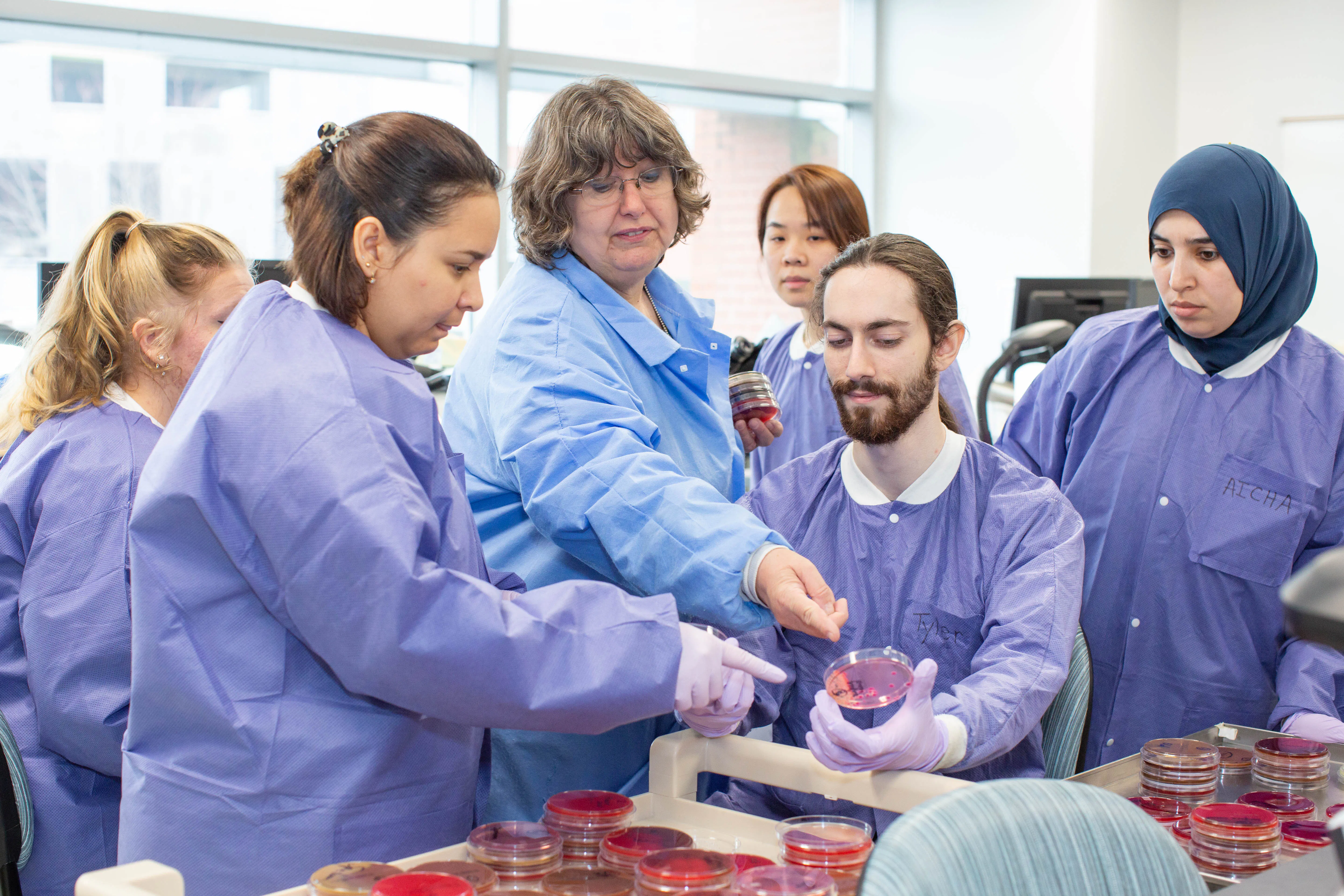 Wake Tech medical laboratory technology students in lab gowns and gloves gather around an instructor to examine a petri dish, with multiple culture plates arranged on a lab cart in a classroom laboratory.
