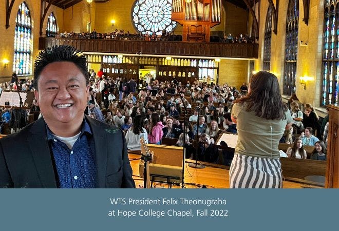 Image of Felix Theonugraha looking directly into the camera with a full Dimnet Chapel in the background 
